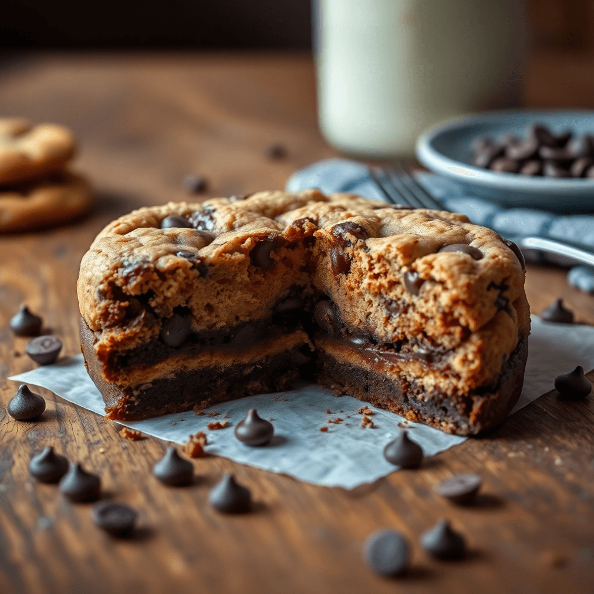 A sliced brookie revealing layers of brownie and chocolate chip cookie, placed on a rustic wooden table with scattered chocolate chips and a fork on a small plate.