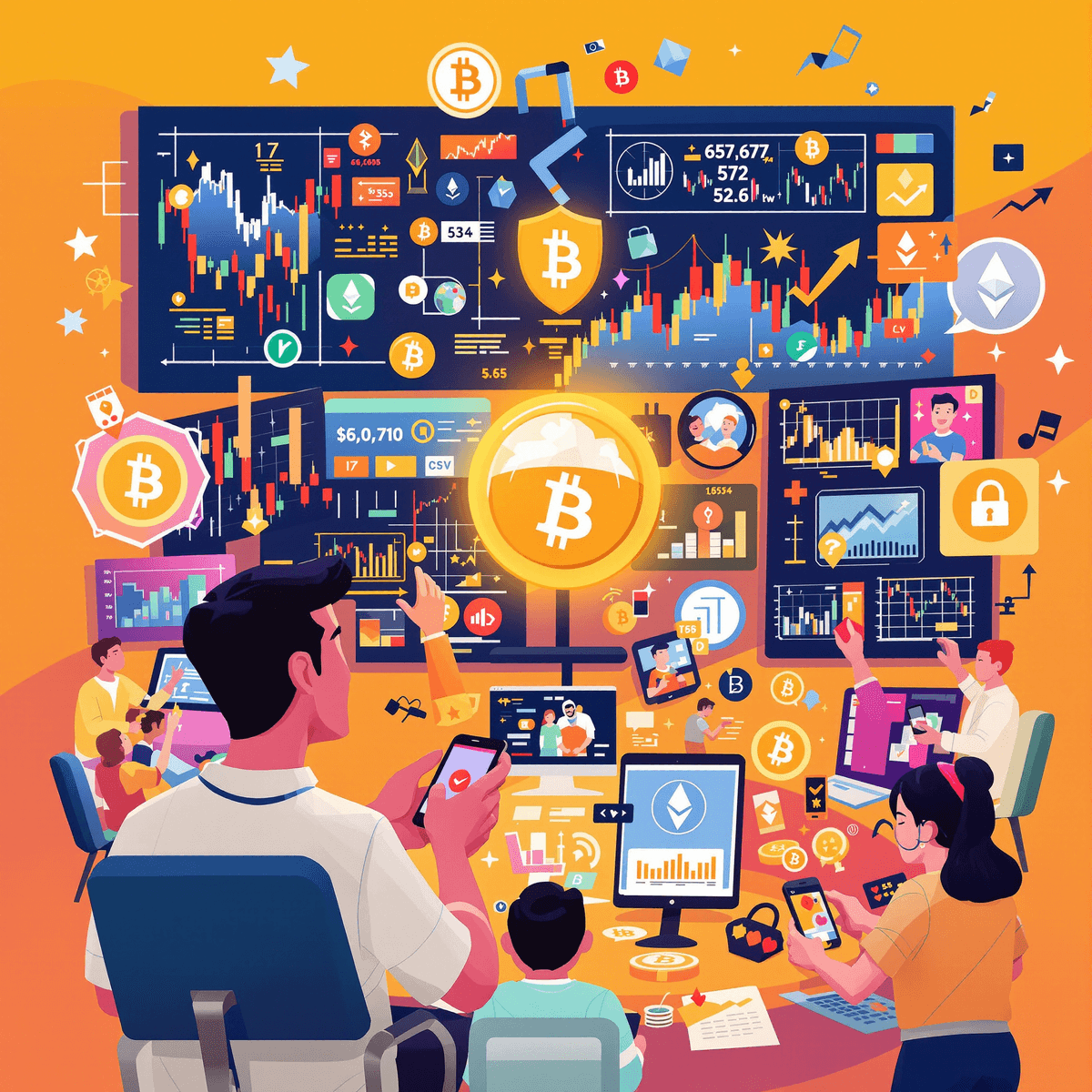 A lively digital artwork showing a group of traders engaged with cryptocurrency charts on screens, surrounded by crypto symbols and security elements, conveying excitement and vigilance.