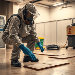 Worker in full protective gear removing floor tiles indoors with containment barriers and equipment, emphasizing safety and cleanliness under soft lighting.