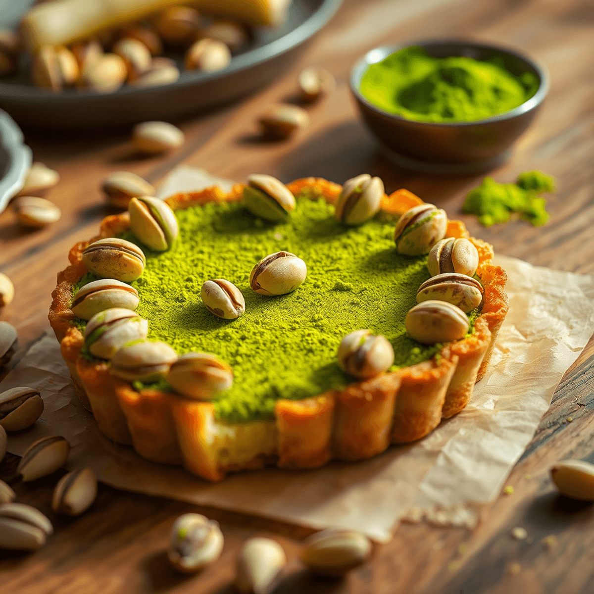 Close-up of a rustic pistachio tart with golden crust, topped with matcha powder and pistachios, on a wooden table with scattered nuts and matcha bowl.