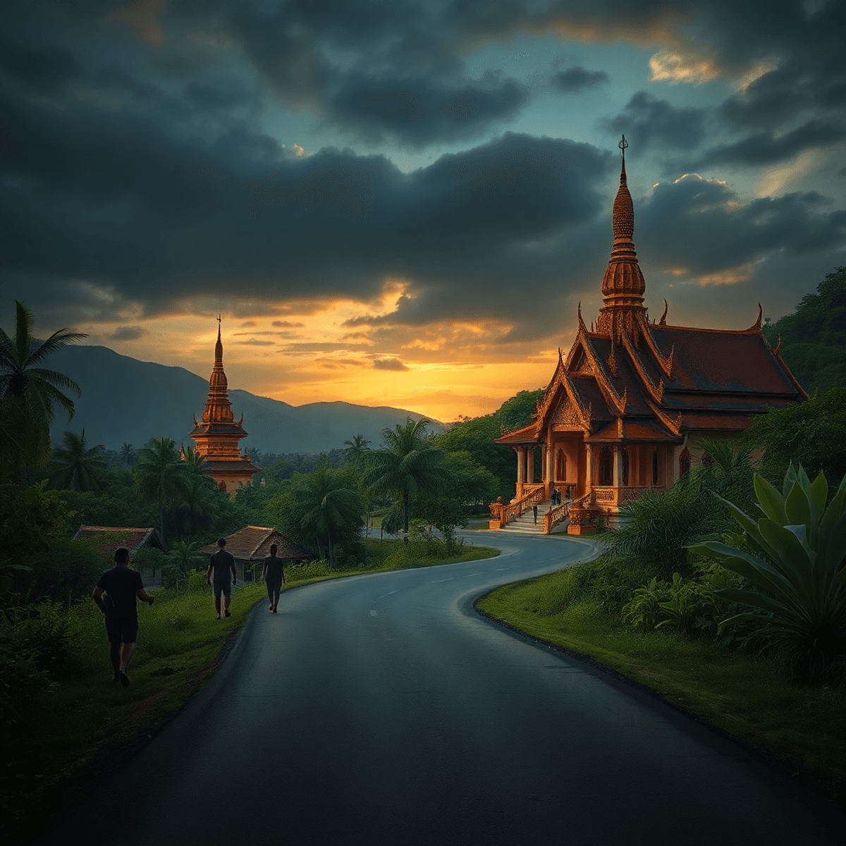 scammers on Loas border Winding road through lush Southeast Asian landscape with ornate temples, shadowy masked figures, and a moody twilight sky, symbolizing caution in travel.