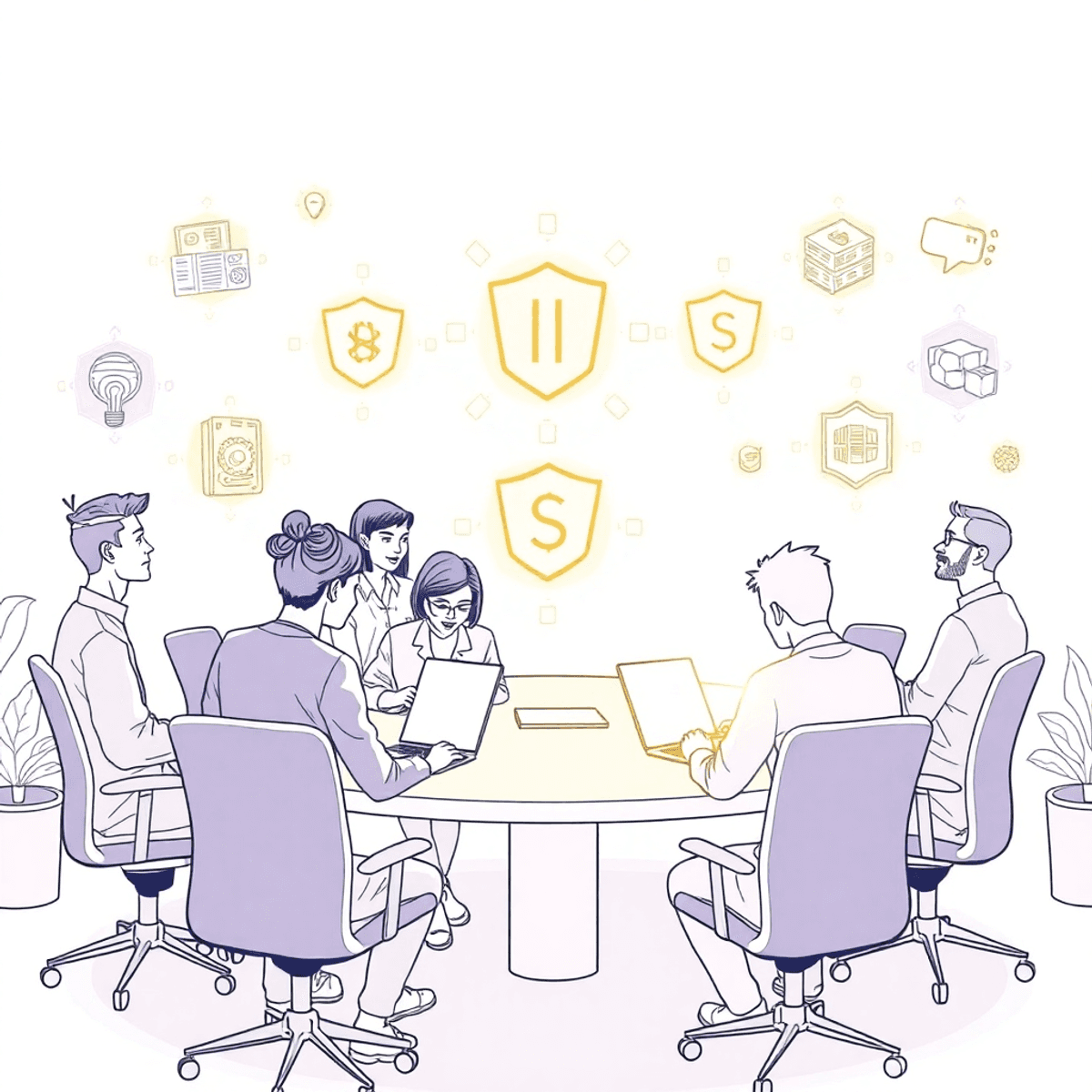 timeline management Line drawing of a diverse group collaborating at a table with glowing AI, data protection, and creativity icons in a bright, modern workspace.