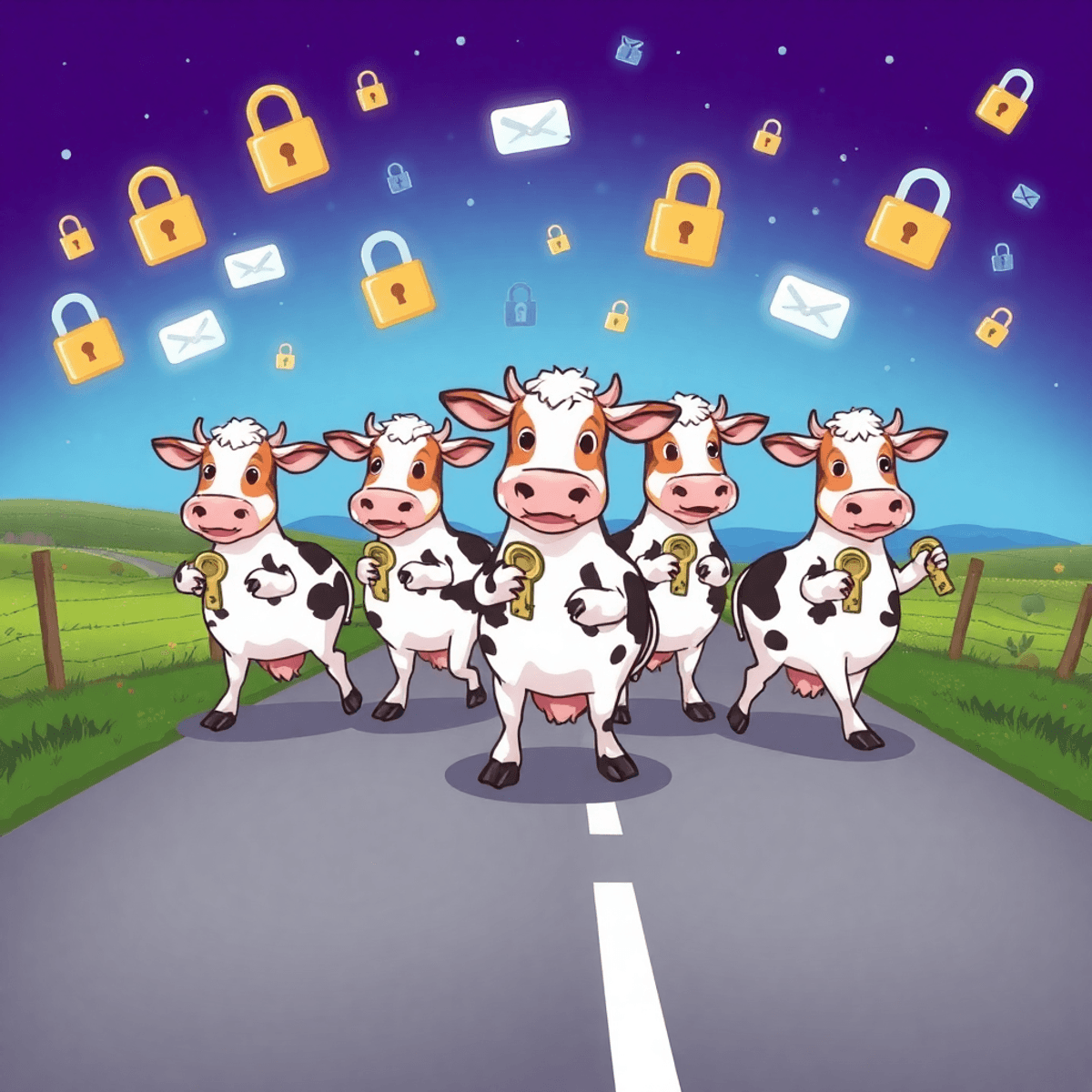 A whimsical illustration of cartoon cows crossing a road, each holding a unique key, set in a vibrant digital landscape with floating locks and encrypted messages.
