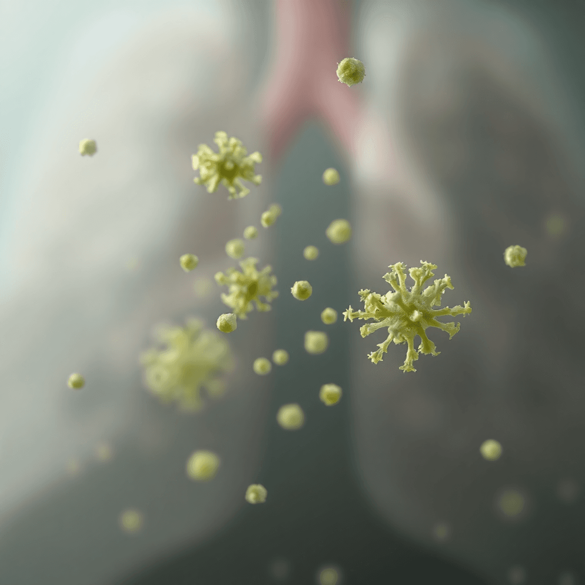 Lung Infection inside the hotel resort room Close-up of greenish Aspergillus mold spores floating against a blurred background with abstract shapes symbolizing airflow and respiratory system.