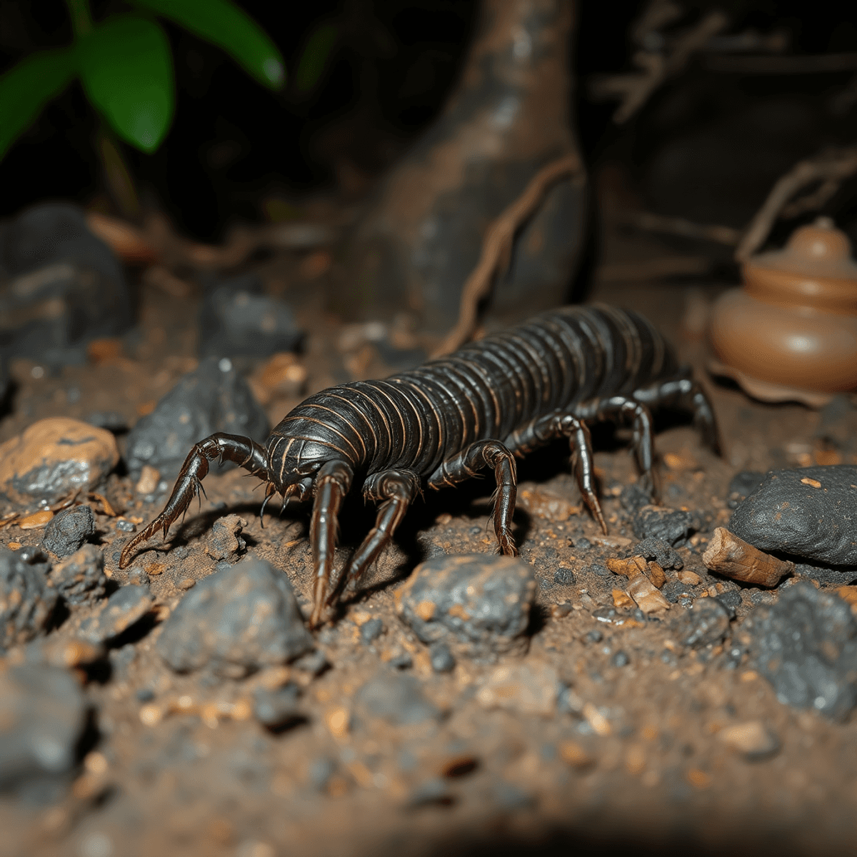 i have been bits many times in da nang Vietnam, my legs are horrible Close-up of a large giant centipede crawling on moist soil and dark rocks in a dimly lit tropical nighttime setting.