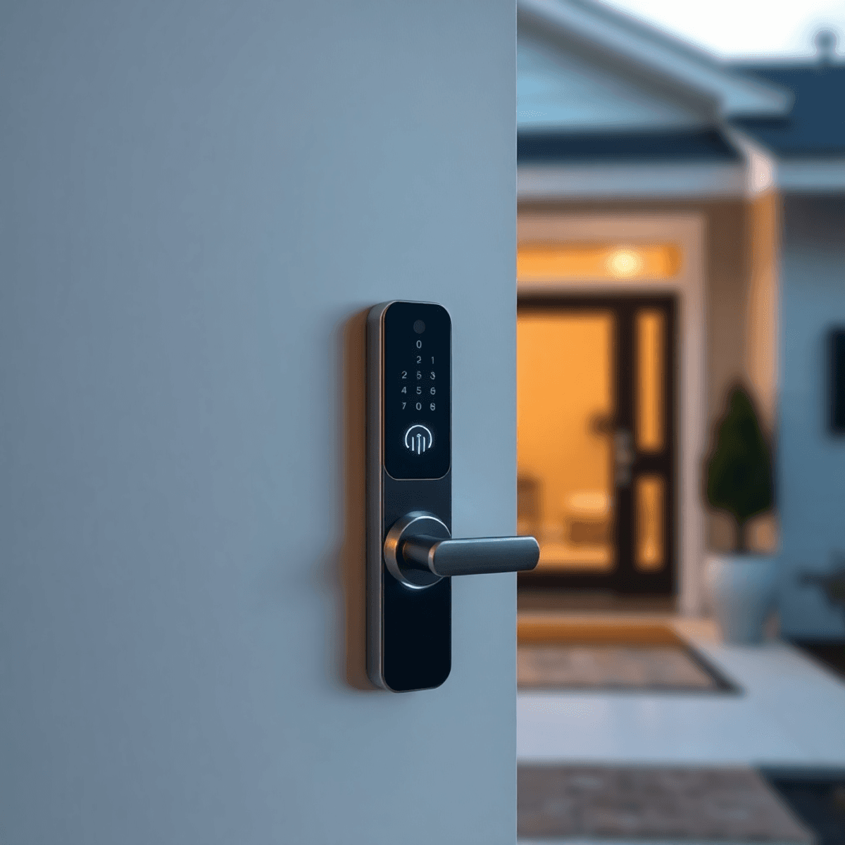 Unwanted Criminal Neighbor Modern front door with a glowing smart lock, highlighting connectivity, set in a welcoming home entrance with subtle tech and security features.