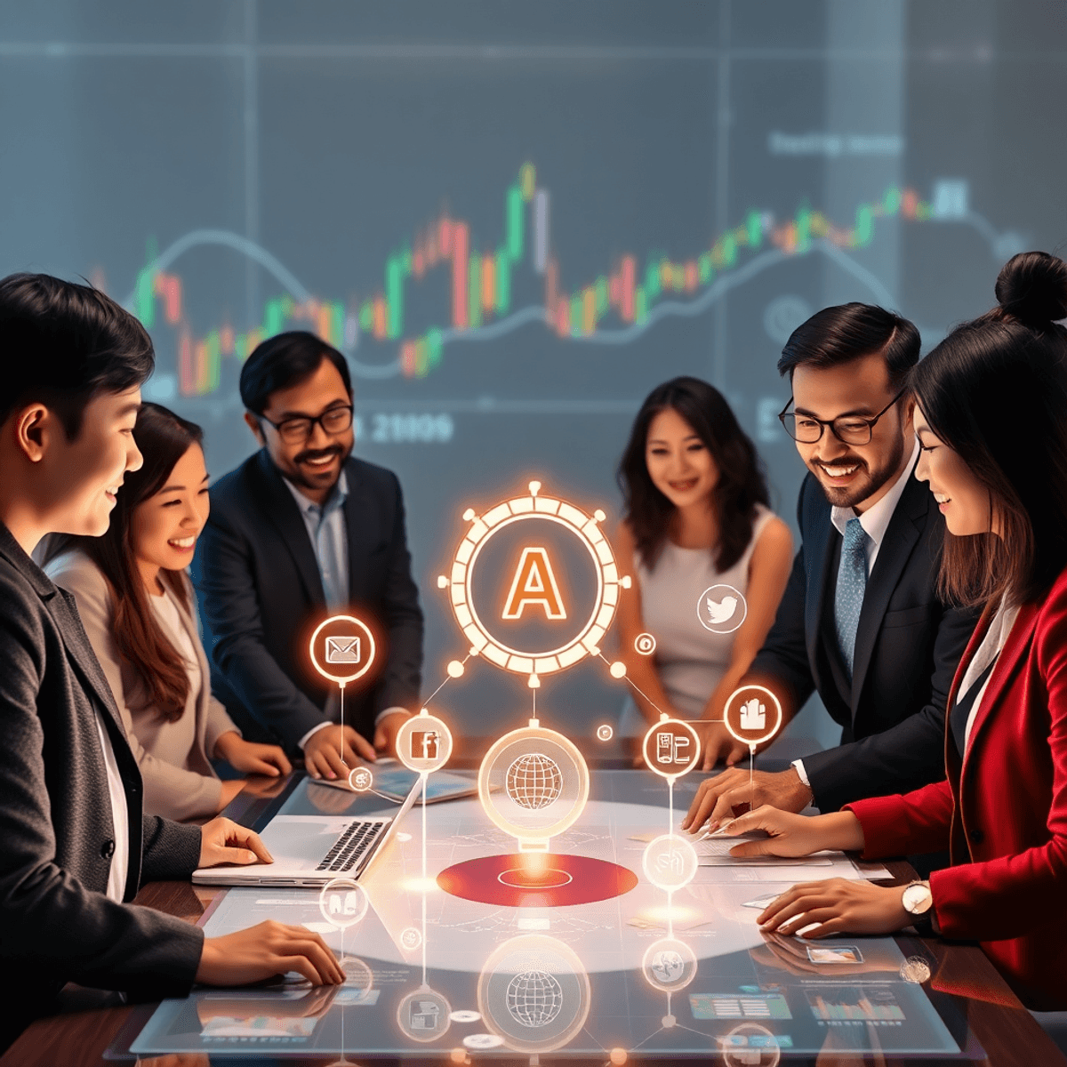 If you know well about SEO Professionals collaborating around a digital table with glowing AI, influencer, and data icons, set against abstract financial graphs and social media shapes.