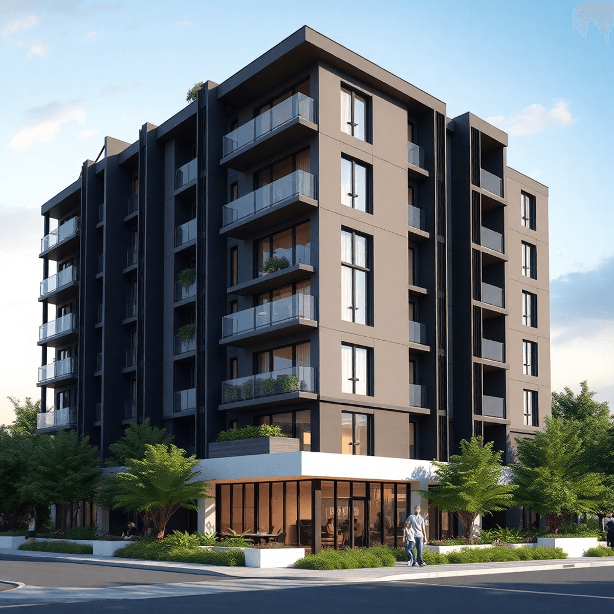A modern condominium building with a sleek design, featuring communal lounges and outdoor areas, surrounded by lush greenery, emphasizing urban convenience and affordability.