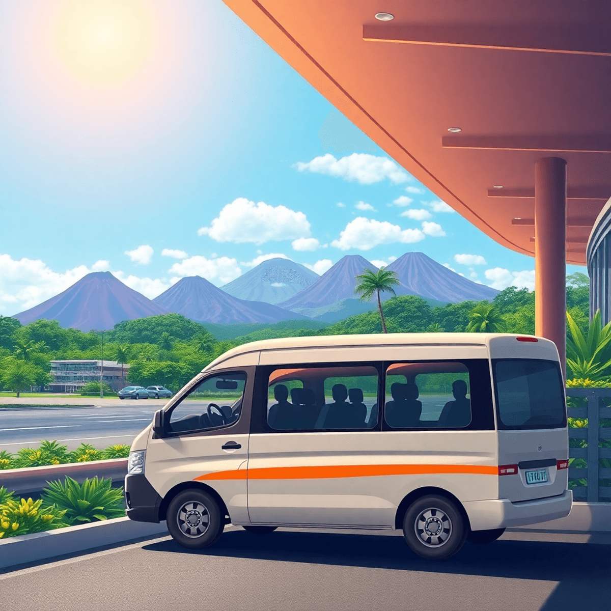 A shuttle van arriving at an airport set against lush tropical landscapes with volcanoes and coffee plants under a bright sunny sky.