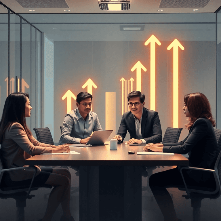 ladder spot in bali indonesia, lima peru, danang vietnam, china, warsaw poland 会計およびファイナンスにおけるキャリア成長を象徴する、テーブルの周りで協力しているビジネスパーソンたちと、背景に光る矢印やはしごの形がある画像です。