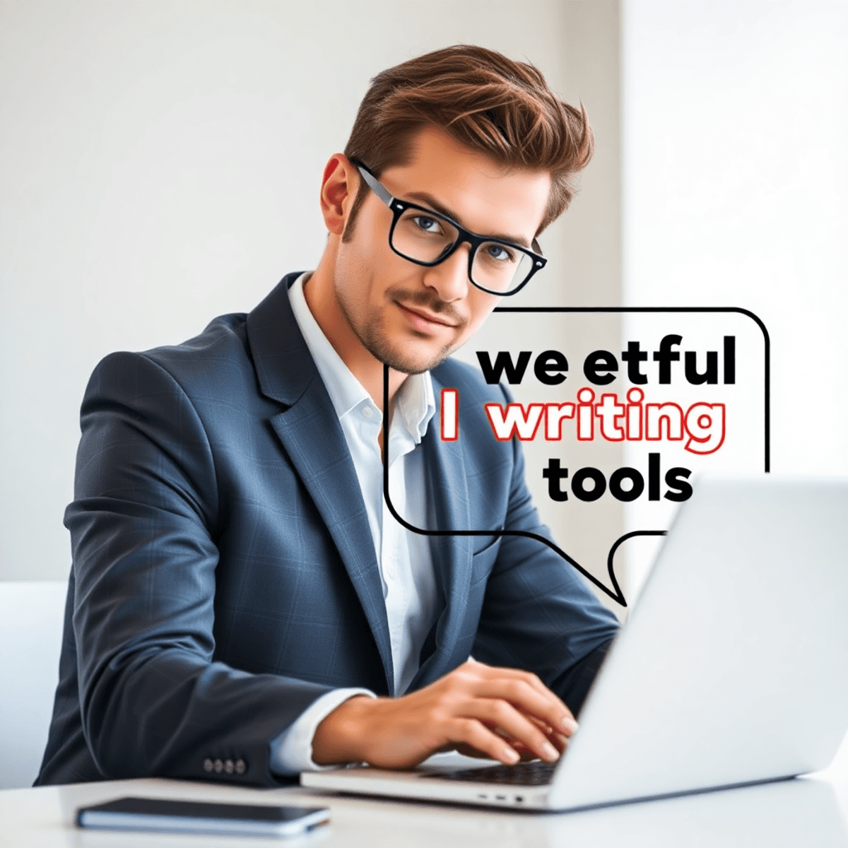 มืออาชีพด้านธุรกิจพิมพ์อย่างมั่นใจบนแล็ปท็อป โดยมีฟองข้อความที่แสดงคำว่า "เครื่องมือการเขียนที่ทรงพลัง" ในฟอนต์ที่น่าสนใจบนพื้นหลังที่สดใสและทันสมัย