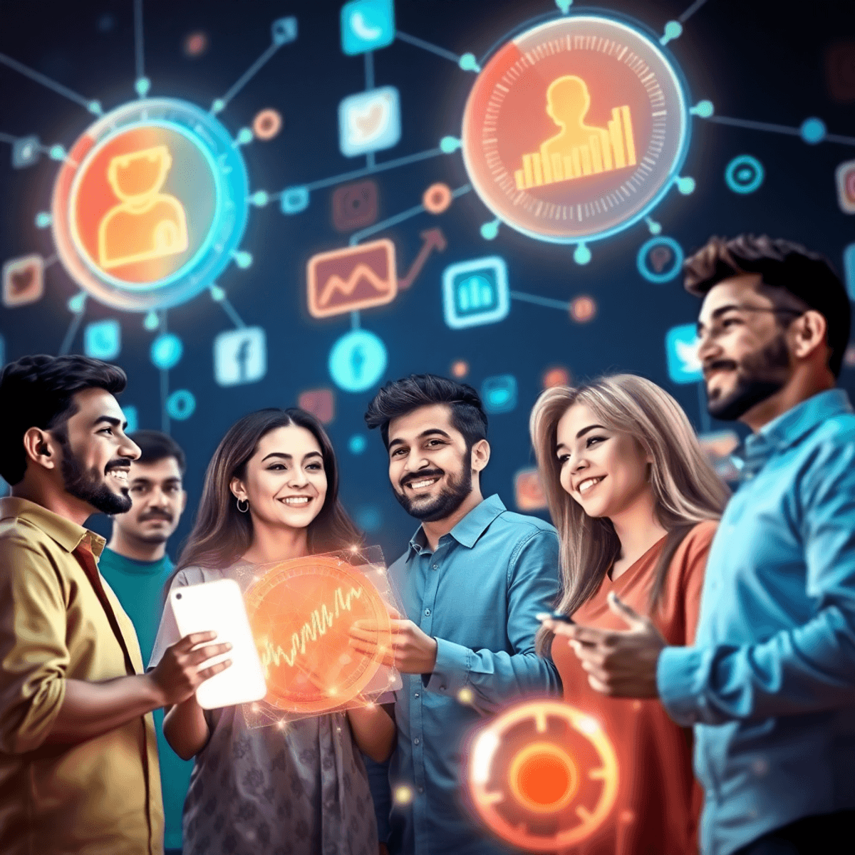 2026 new era of AI Influencers Minimalist digital scene of influencers interacting with glowing data streams and AI holographic charts amid interconnected social media icons.