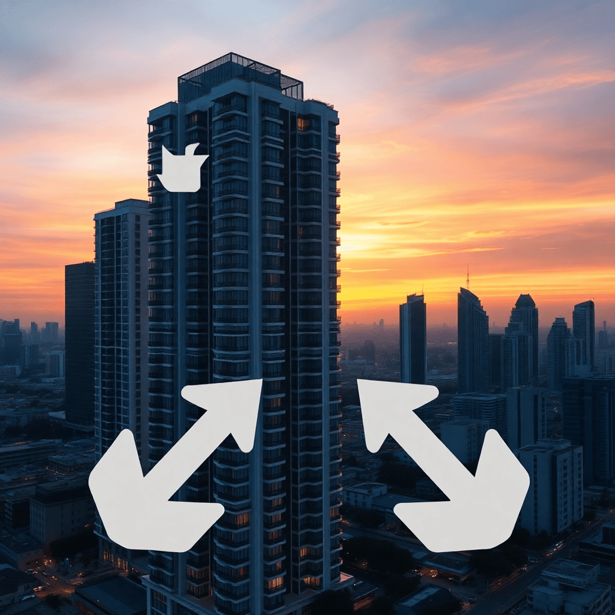 Modern high-rise condo in Bangkok at sunset with abstract arrows and shapes overlay, city skyline in minimalist style.