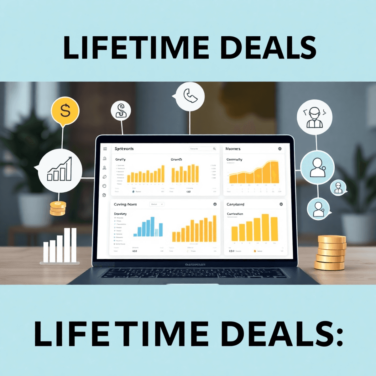 Laptop showing SaaS dashboards surrounded by icons of growth, money, and community in a modern digital workspace.