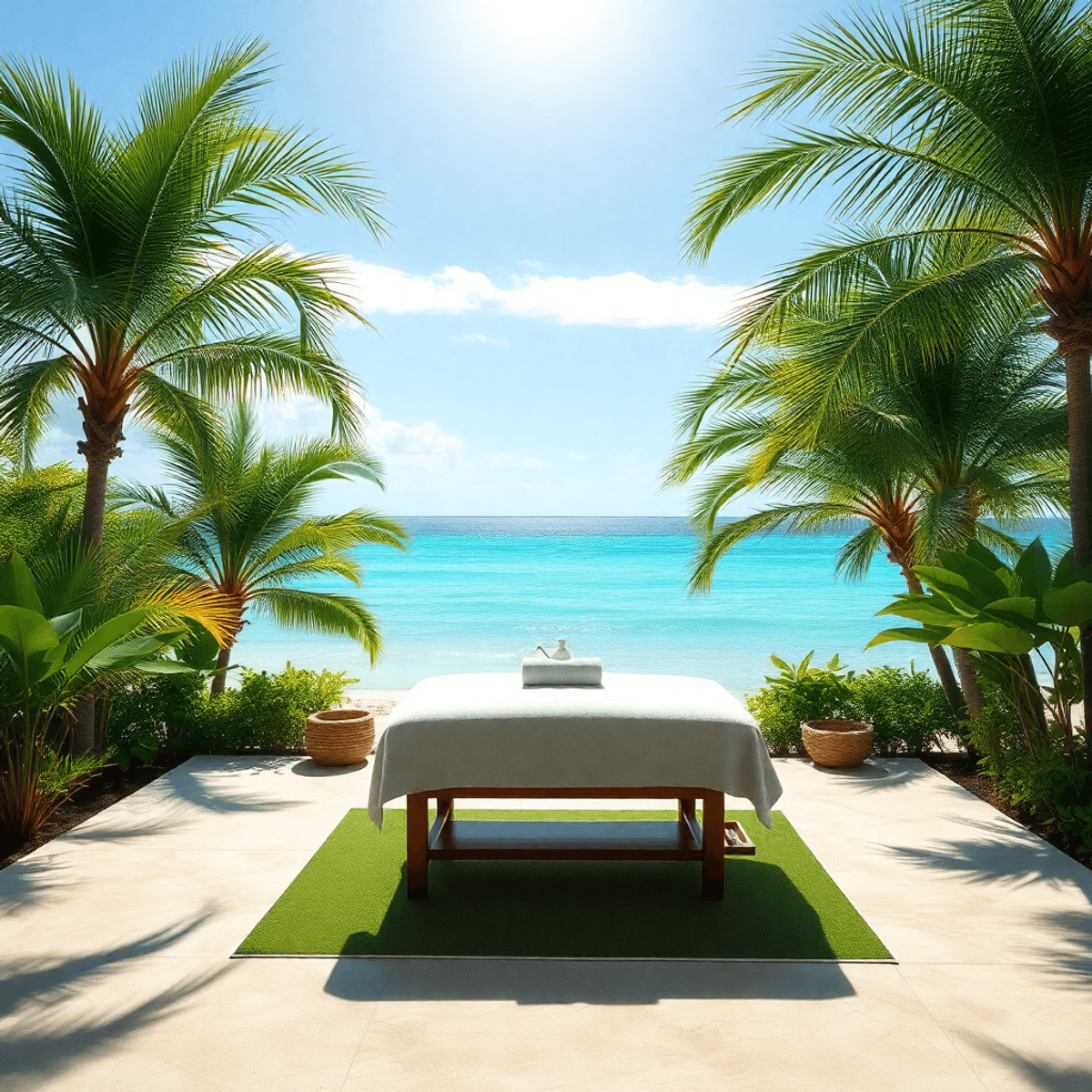 Outdoor tropical spa with lush greenery, palm trees, and turquoise ocean under a sunny sky.