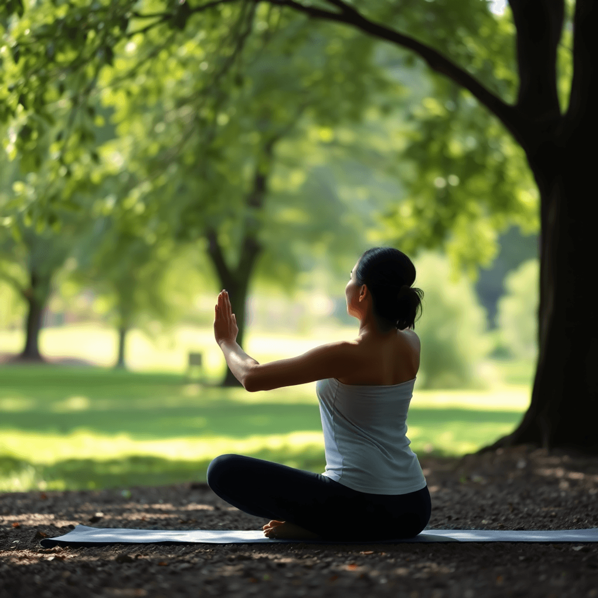 A person practicing yoga in a tranquil outdoor setting, surrounded by nature and soft sunlight filtering through trees, embodying mindfulness and serenity.