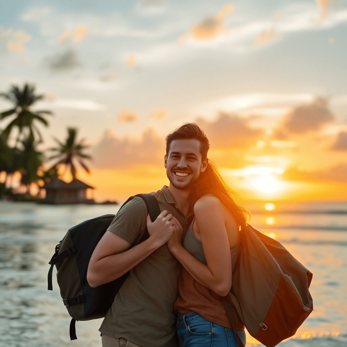 How Two Lovebirds (Barely) Survived Planning an Around-the-World Adventure A happy couple smiling and embracing with backpacks on a tropical beach at sunset in minimalist style.