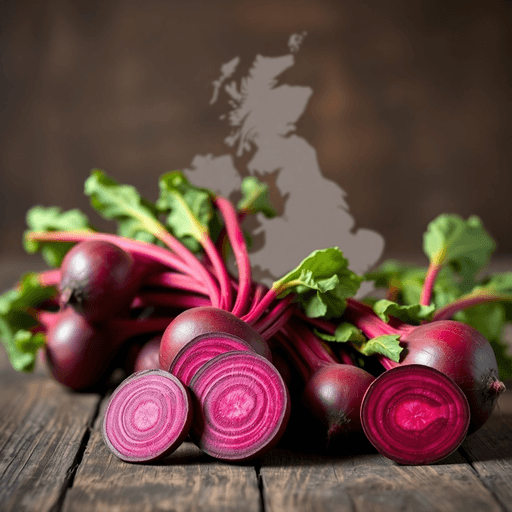 Close-up of fresh red beetroot with green tops on wood, overlaid with a subtle UK-Belgium map and arrow showing trade flow in natural daylight.