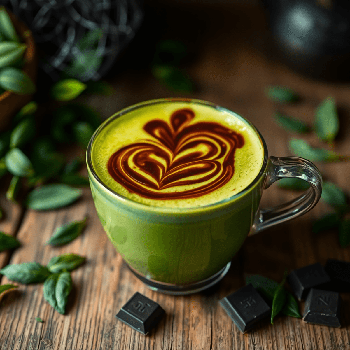 green gold Close-up of a steaming green matcha latte with chocolate swirls, fresh tea leaves, and dark chocolate pieces on a rustic wooden table.