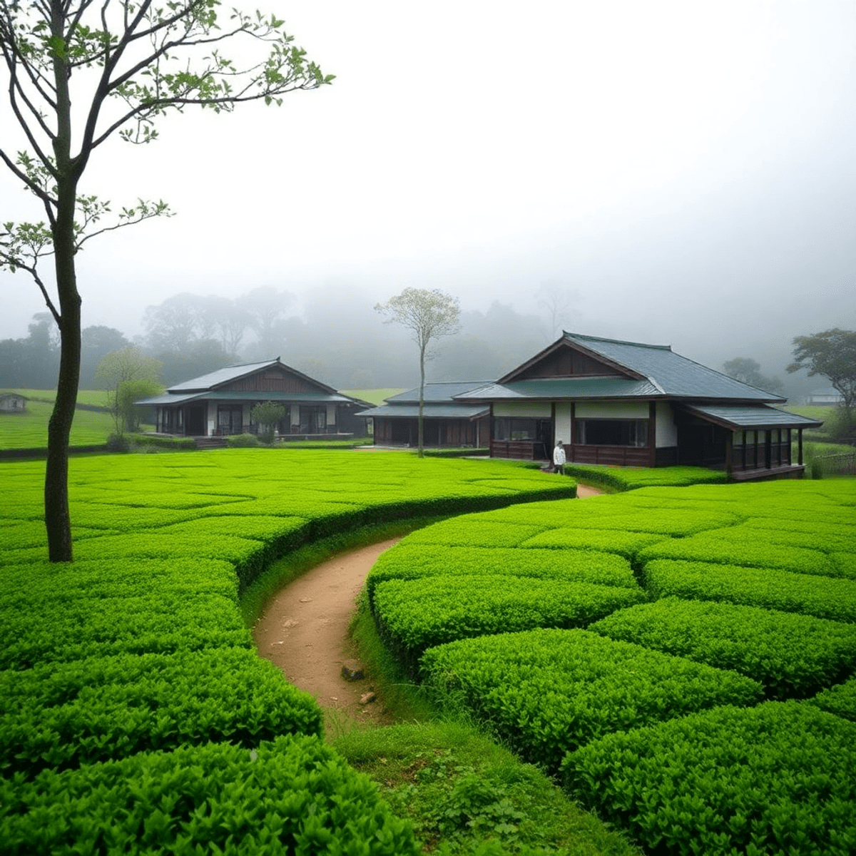 matcha for bloggers Lush green matcha tea fields in Wazuka, Kyoto, with traditional wooden buildings and a foggy pathway inviting exploration.