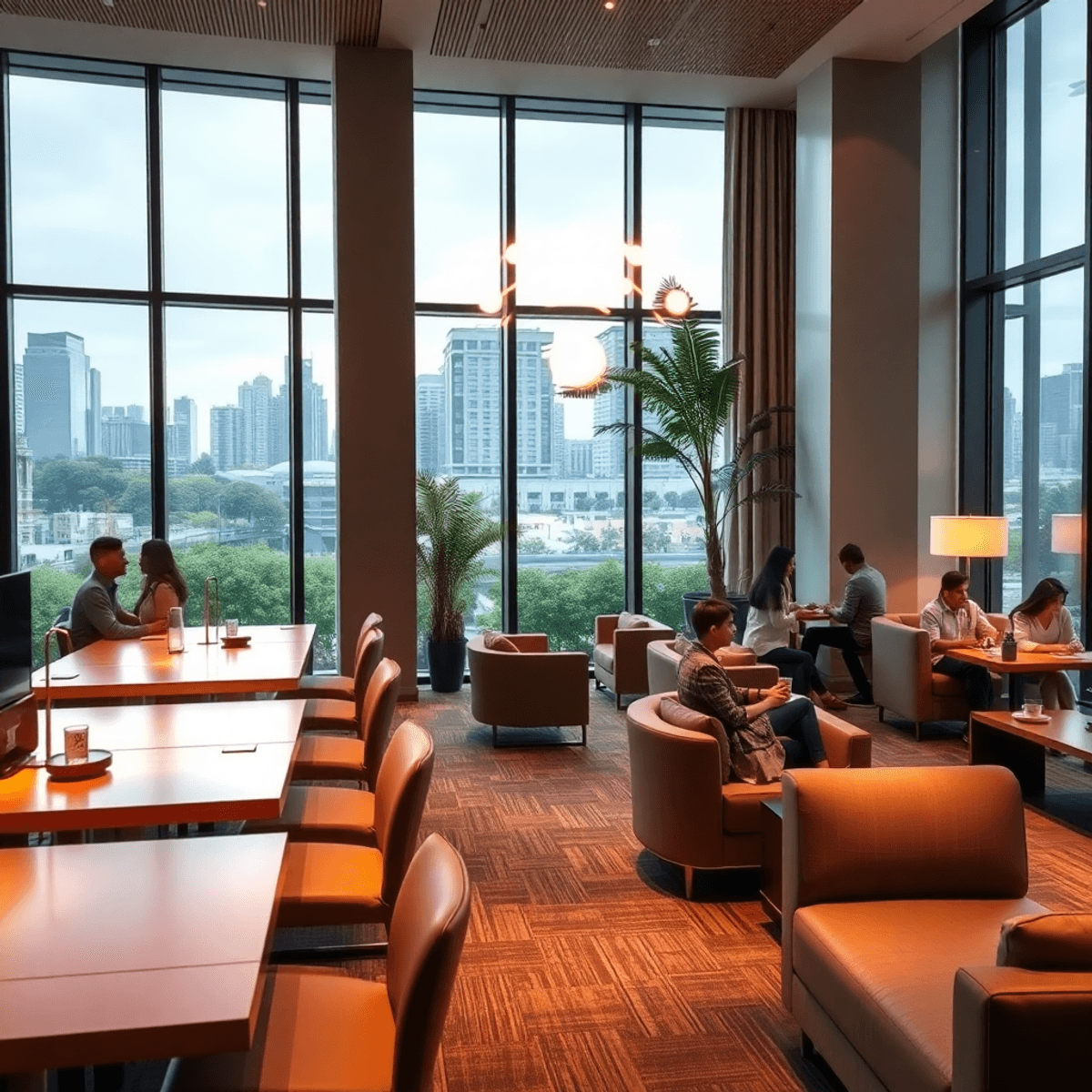 Modern hotel interior with flexible workspaces, sleek desks, comfortable seating, ambient lighting, wireless connectivity symbols, communal lounge, and cityscape with greenery outside.