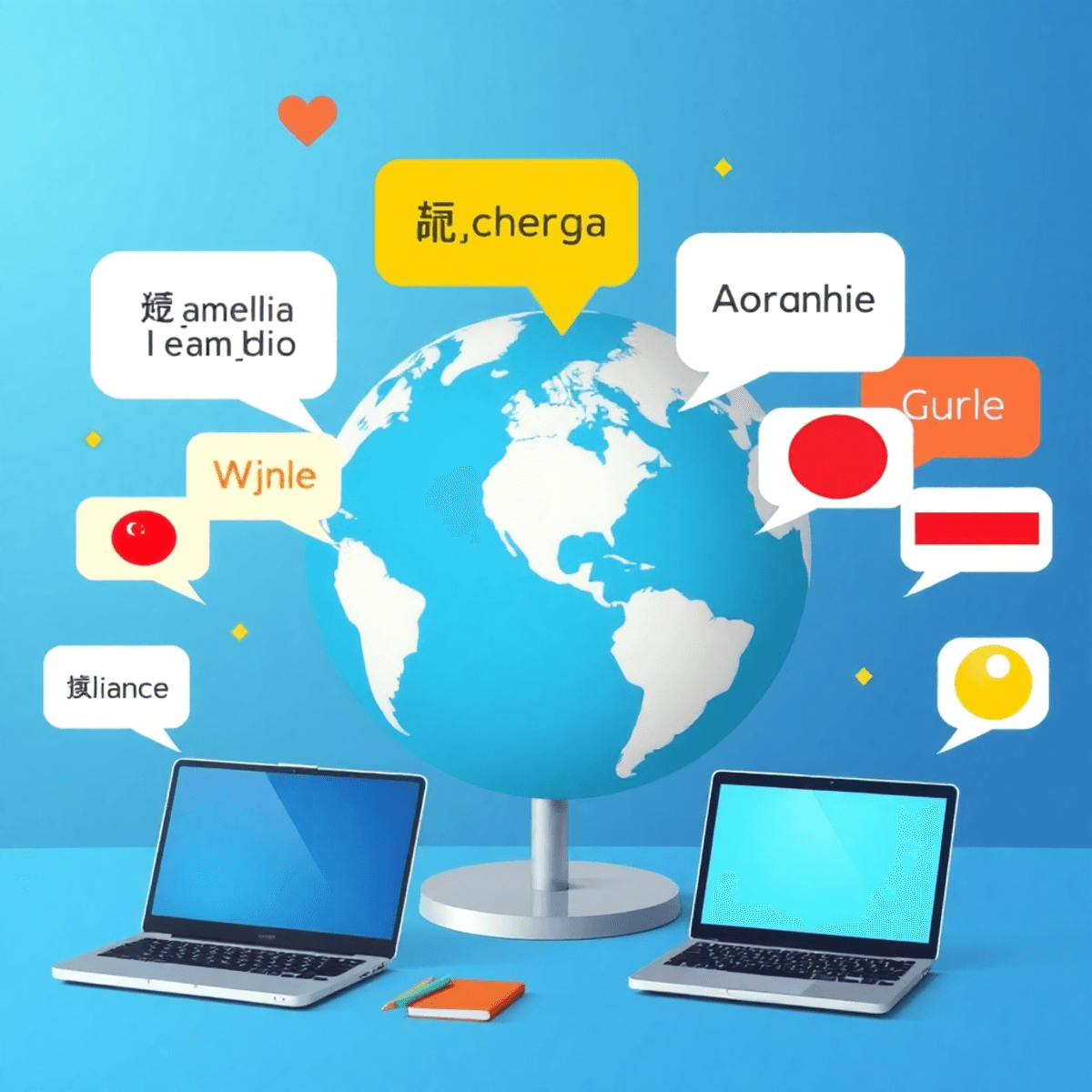 多言語コミュニケーションを示す活気に満ちた画像で、さまざまな言語のスピーチバブル、地球儀、ノートパソコンやスマートフォンなどのデジタルデバイスが描かれており、世界的なつながりを象徴しています。