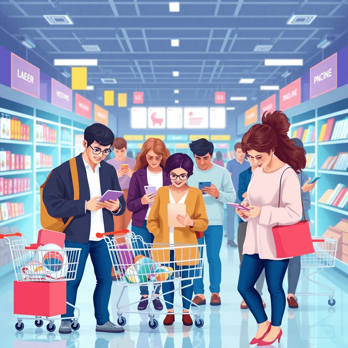 A lively digital marketplace with shoppers using devices, surrounded by symbols of e-commerce like shopping carts and product listings, showcasing convenience and connectivity.