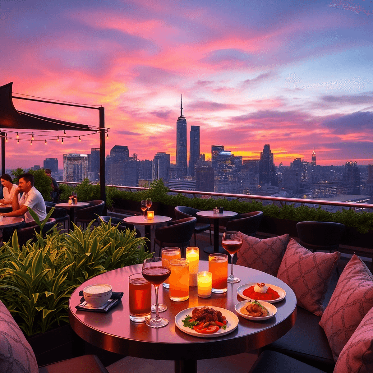 A lively rooftop bar at sunset with a stylish table of drinks and small plates, overlooking a city skyline adorned with decorative lights and greenery.