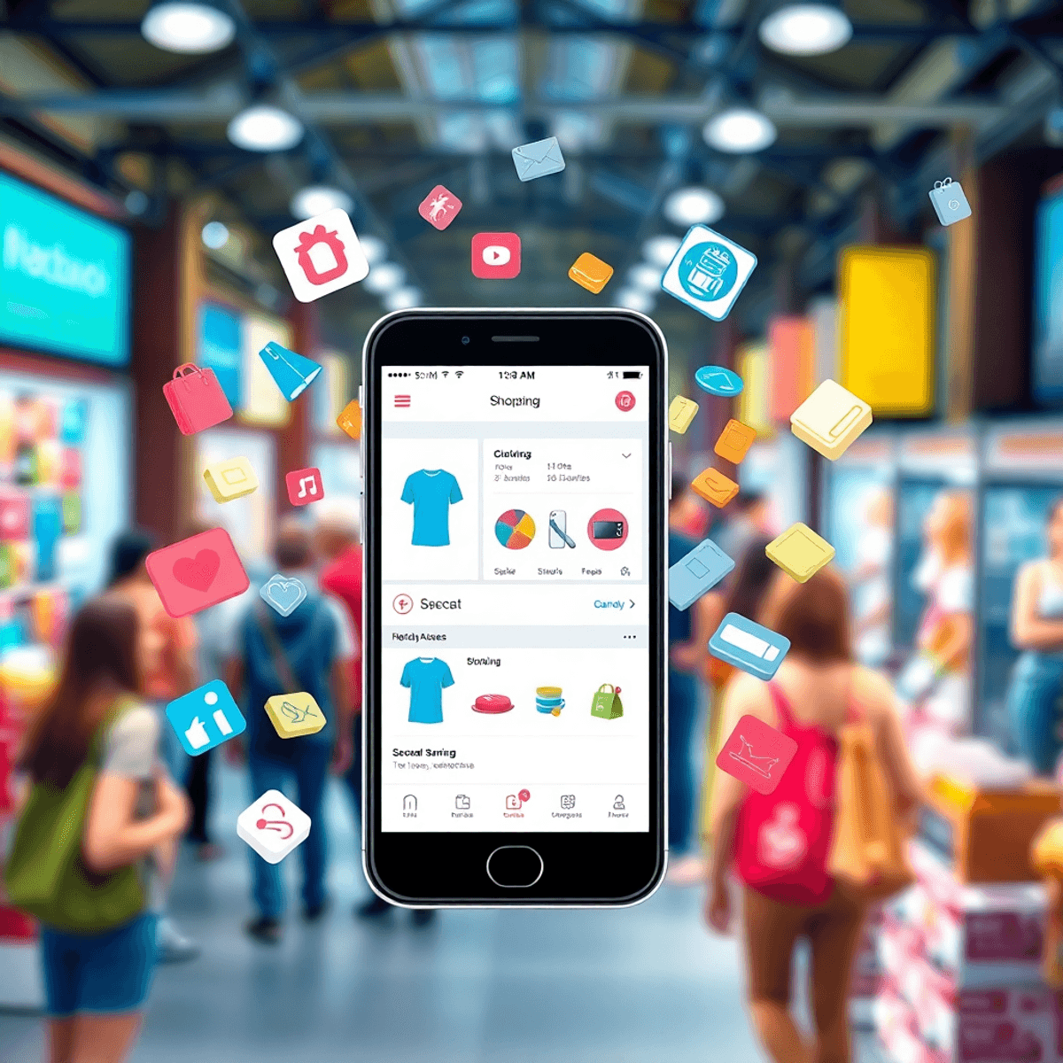 A smartphone shows a social media app with shopping features, surrounded by colorful product icons in a lively marketplace background, suggesting consumer engagement.