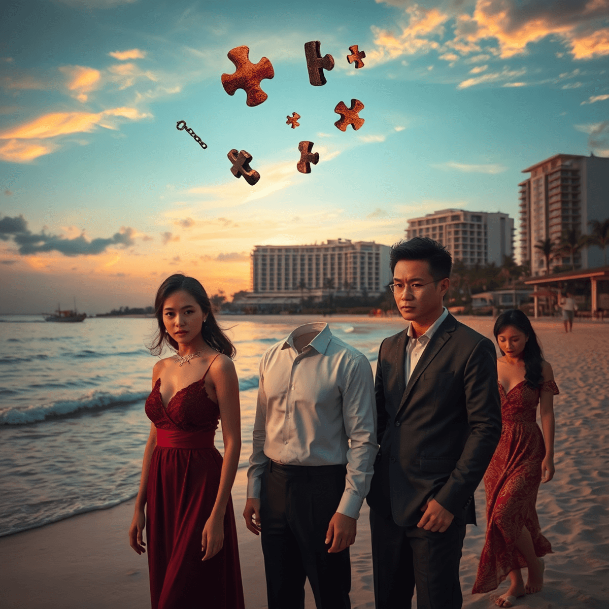 I was scammer in Thailand by fake restaurant owner A tense family near Pattaya beach at sunset with a luxury hotel behind, broken chains and puzzle pieces floating above symbolizing betrayal and broken trust.
