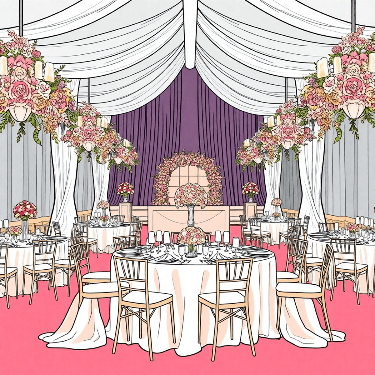 A one-line drawing of a beautifully decorated wedding venue with elegant floral arrangements and stylish table settings, evoking celebration and joy.