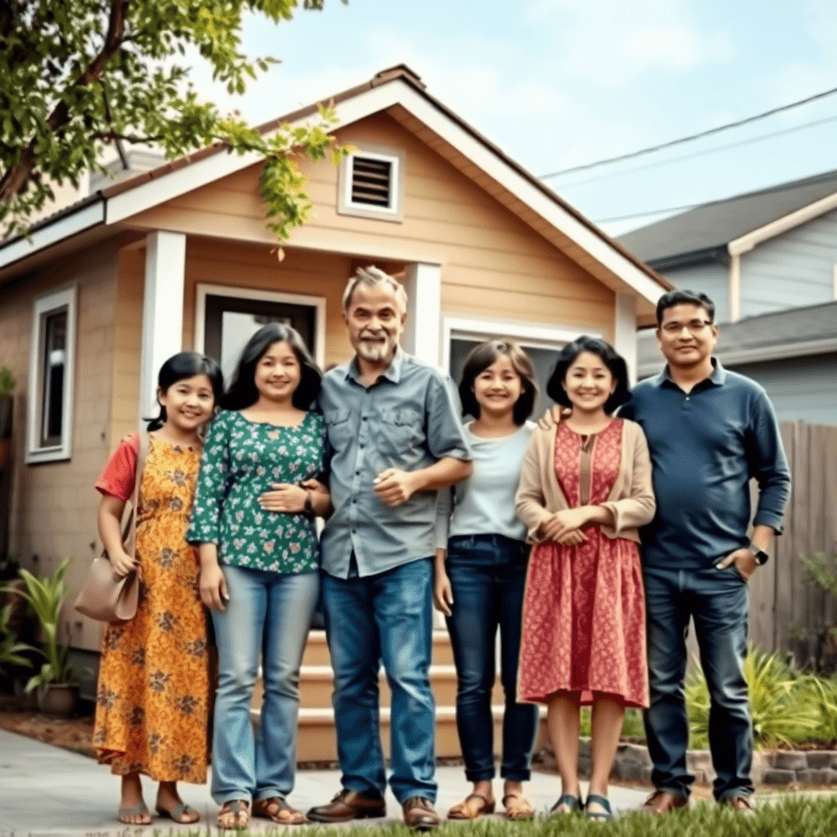 A diverse group of people stands in front of a modest home, surrounded by plants and wellness symbols, reflecting community, resilience, and the link between housing and health.