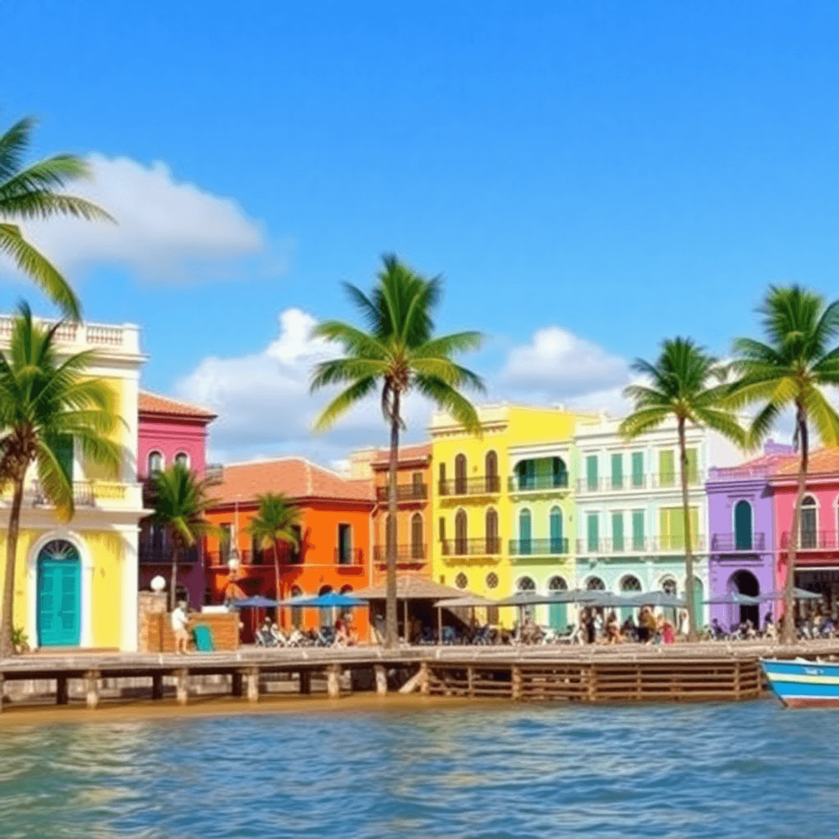 Colorful colonial buildings and palm trees along a vibrant Boca Grande beach under clear blue skies.