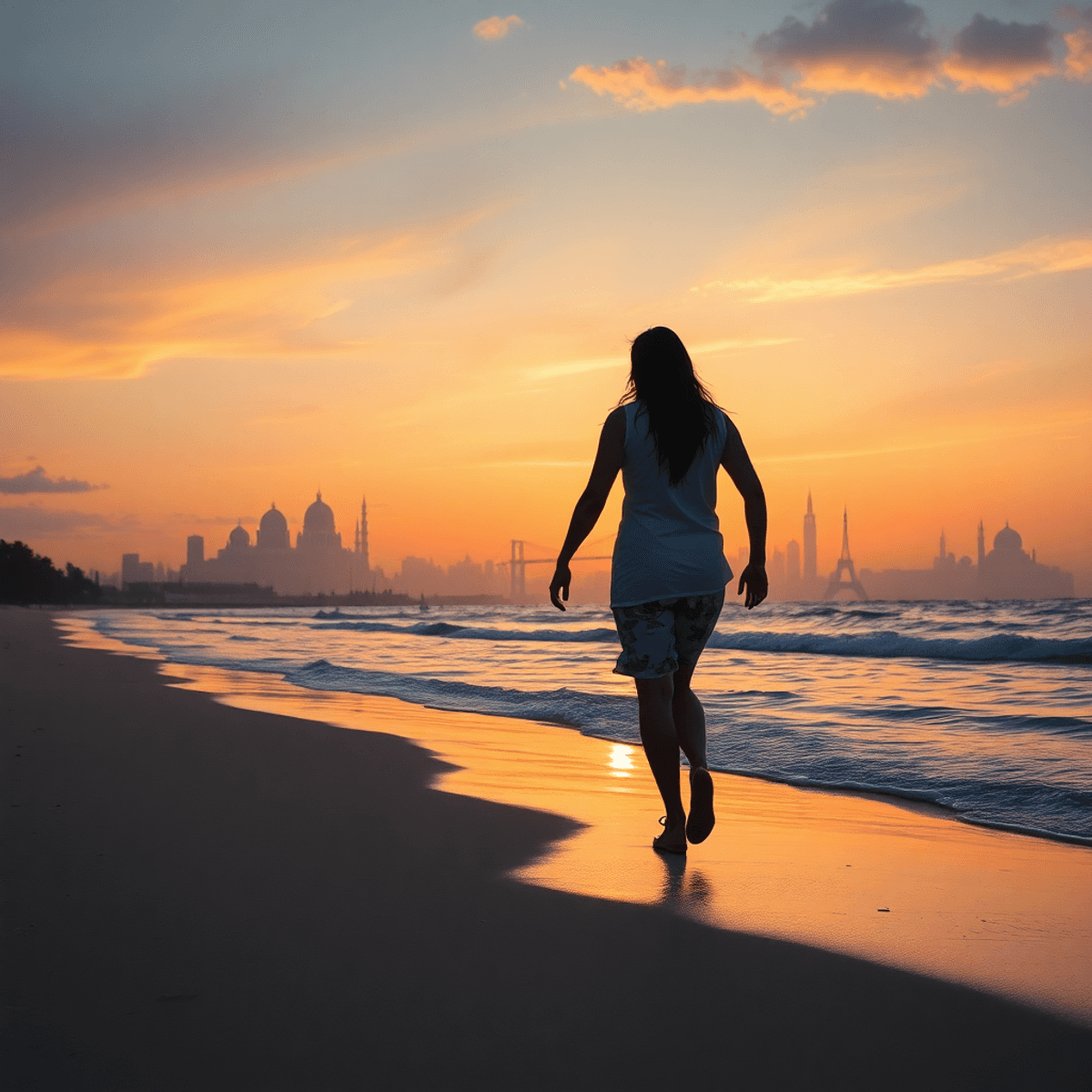break up relationship after travel together around the world A couple walks separately along a serene beach at sunset with warm colors and faint global landmarks on the horizon, symbolizing connection and separation.