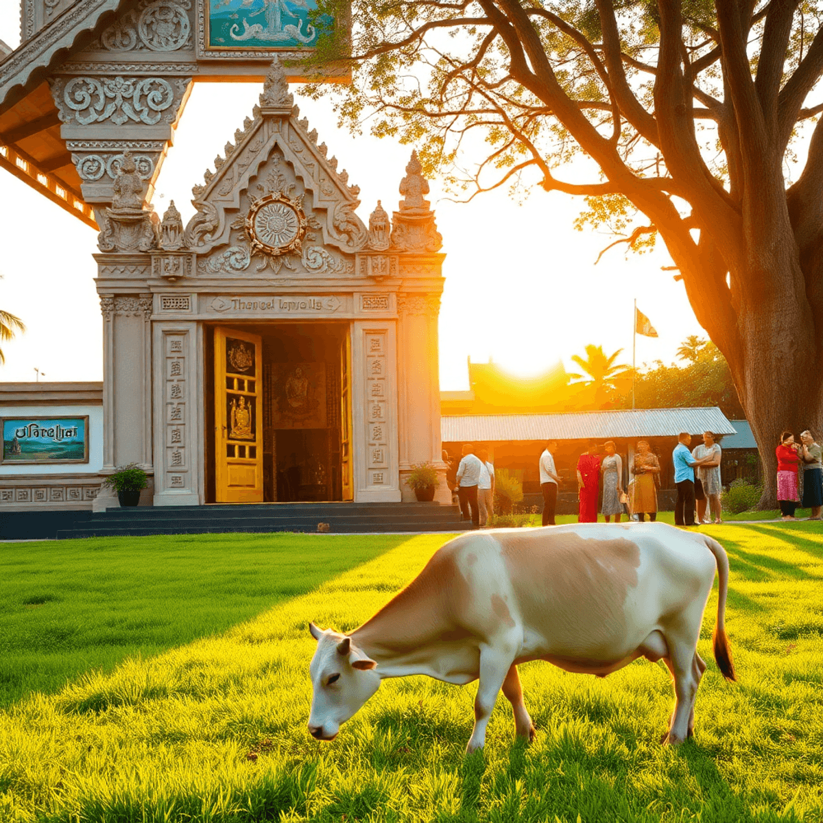 A serene temple entrance adorned with intricate carvings and colorful murals, with a gentle cow grazing on lush grass, set against a sunset glow and cultural rituals nearby.