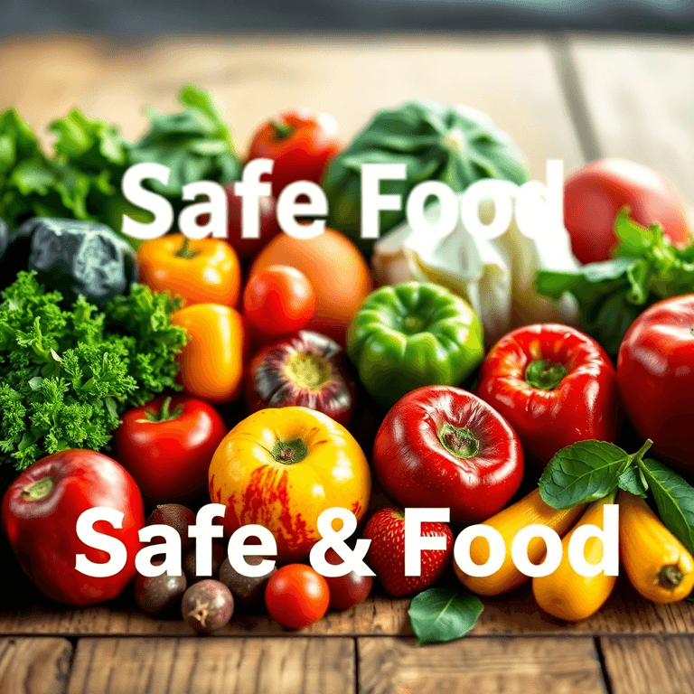 Close-up of fresh colorful fruits and vegetables on a rustic wooden table with soft natural lighting, symbolizing healthy and safe food choices.
