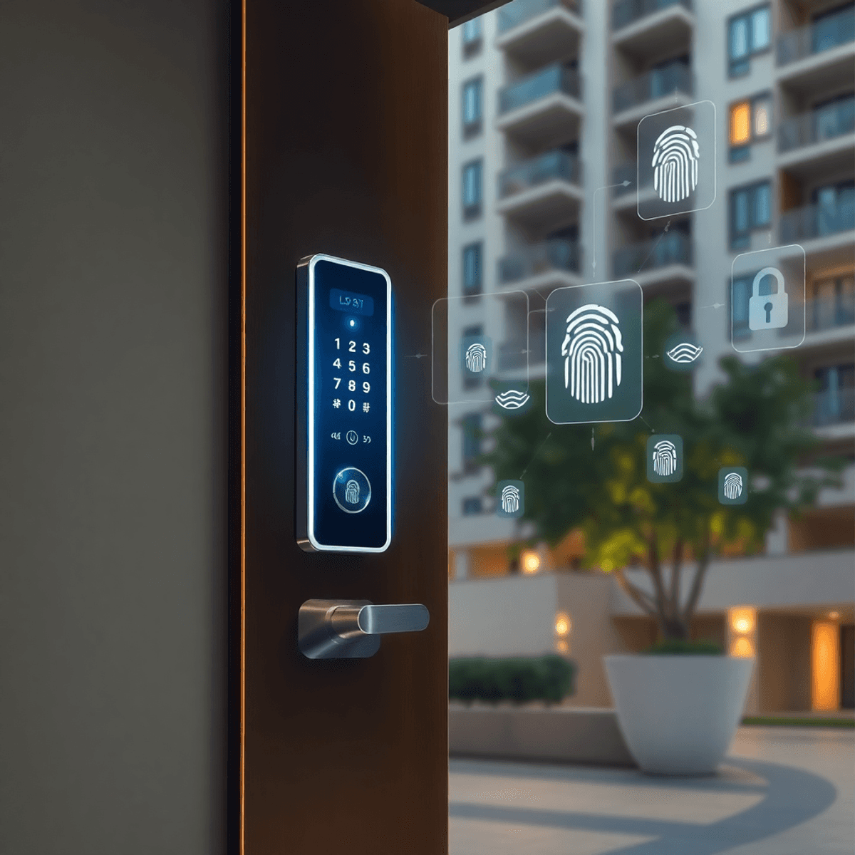 My digital key to condominium Aspire Erawan Prime is missing from jurisdiction office OMNI MANAGMENT LTD BANGKOK Oil painting of a modern condo entrance with a sleek digital door lock and glowing LED indicators, surrounded by floating biometric and RFID icons.