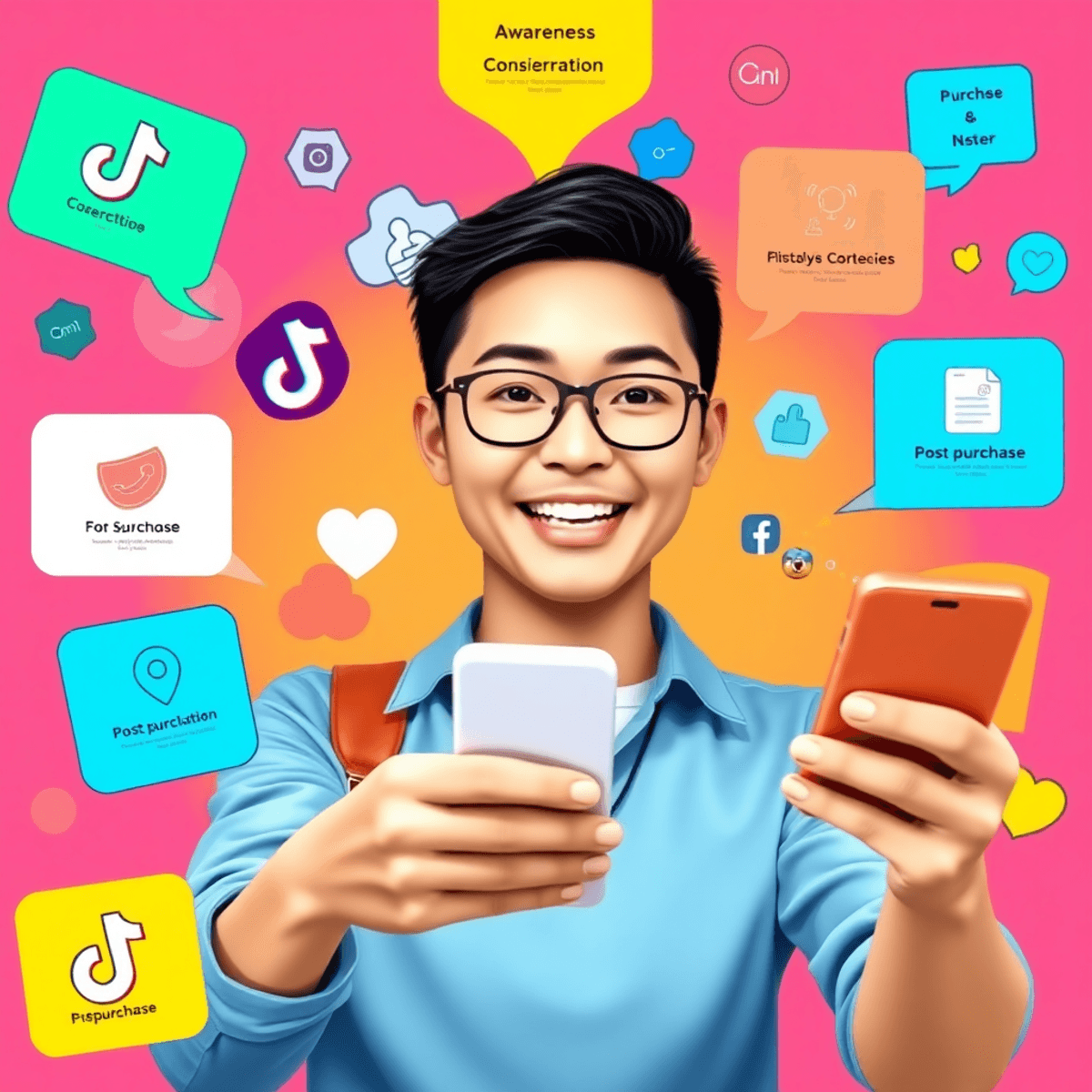A young influencer creating TikTok content, surrounded by colorful graphics of the customer journey stages, with smartphones and social media icons in a vibrant setting.