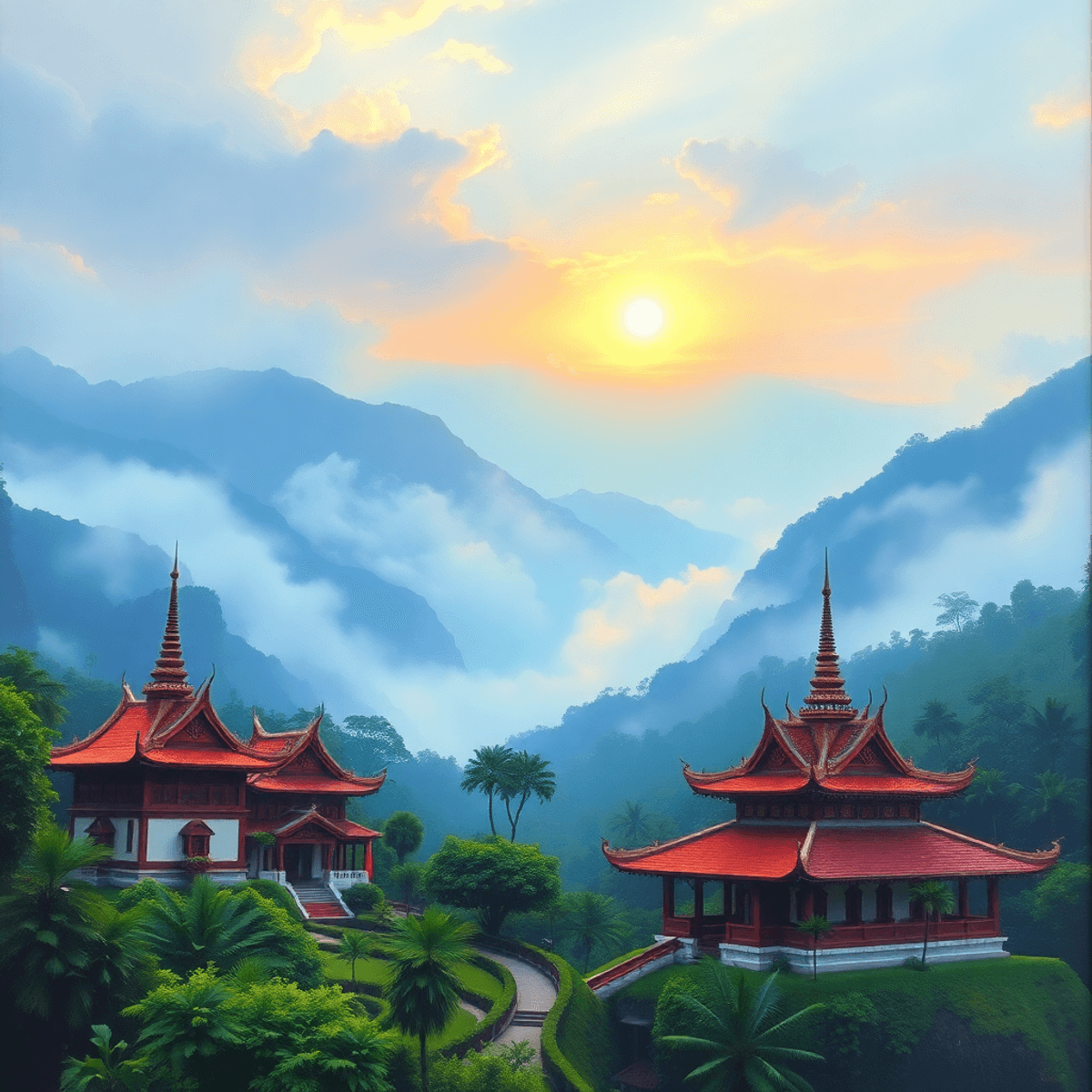 Oil painting of serene mountain landscape at sunrise with ornate Buddhist temples among lush greenery and mist, evoking peace and spirituality.
