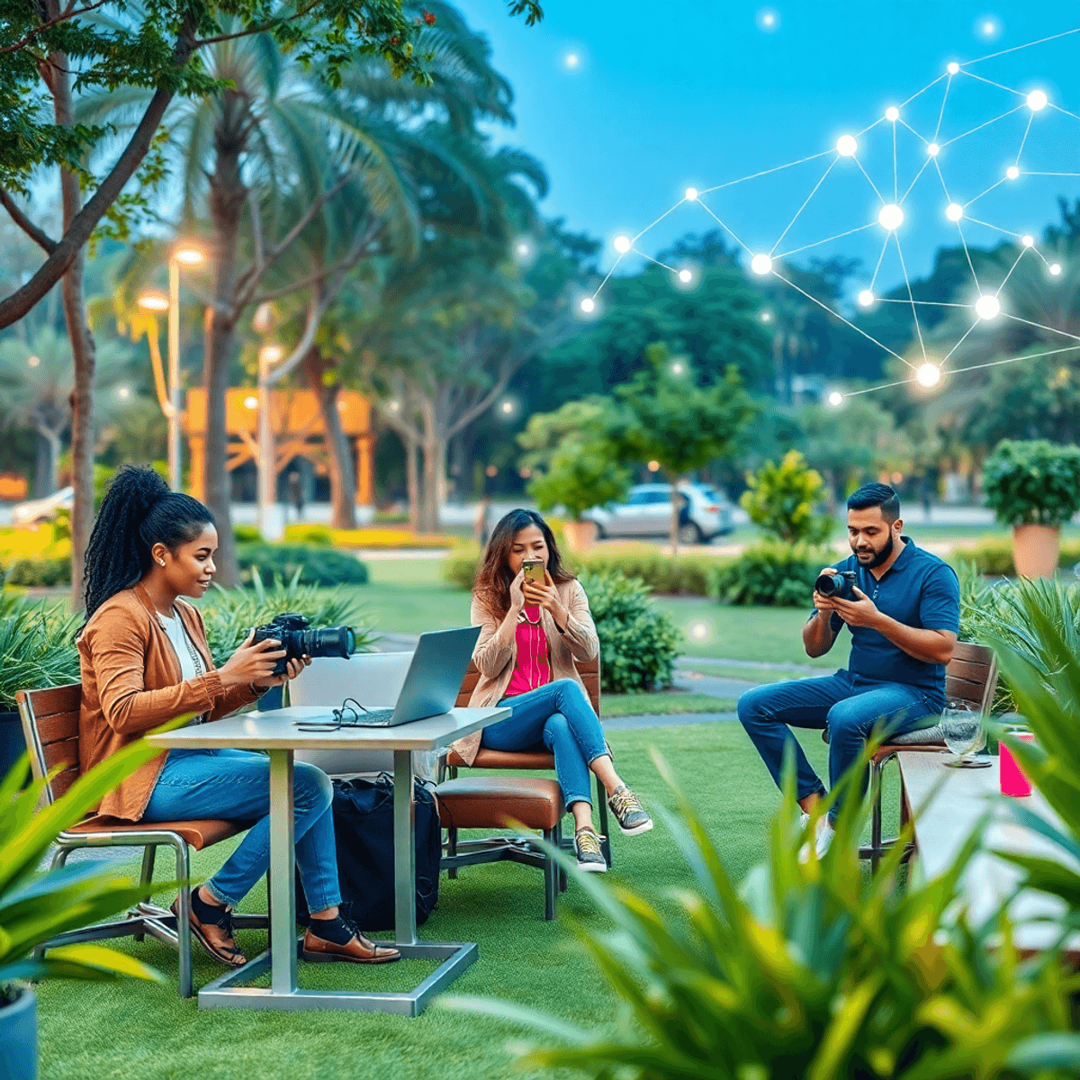 digital nomads in South East Asia and South America People creating content with cameras and laptops in a vibrant park setting with greenery and glowing digital connectivity symbols.