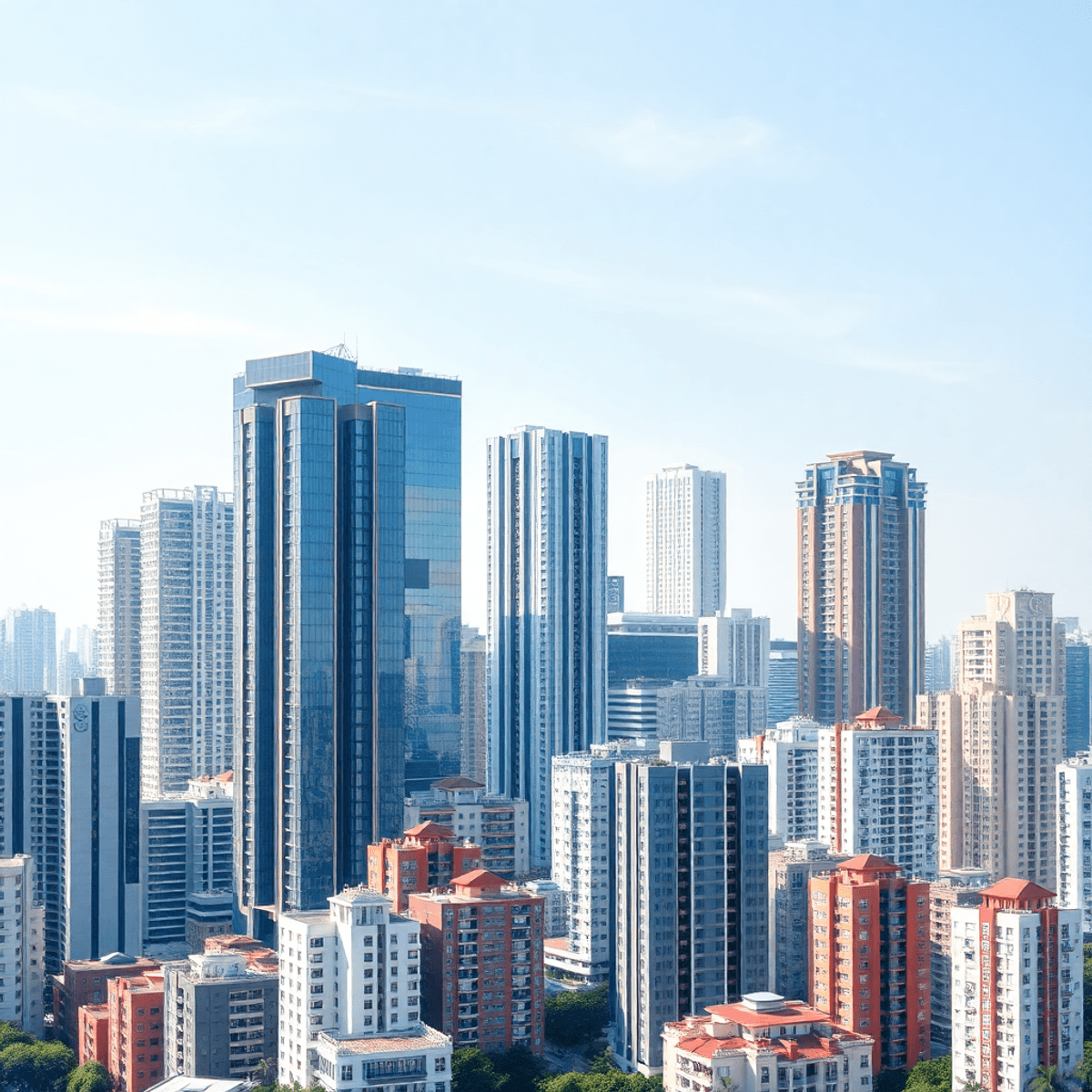 Indonesia condominium market Jakarta cityscape with modern high-rise condos and mid-rise buildings under a bright clear sky, highlighting urban growth and diverse architecture.