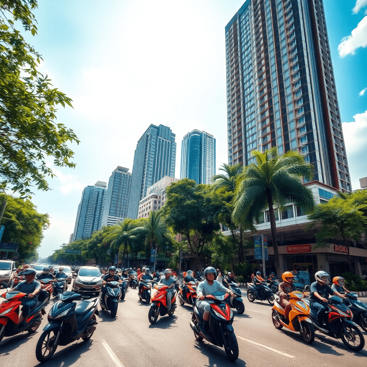 bali traffic 2025 indonesia Bustling urban street with scooters weaving through traffic, tropical greenery, tall modern buildings, and a bright sky symbolizing energy and movement.