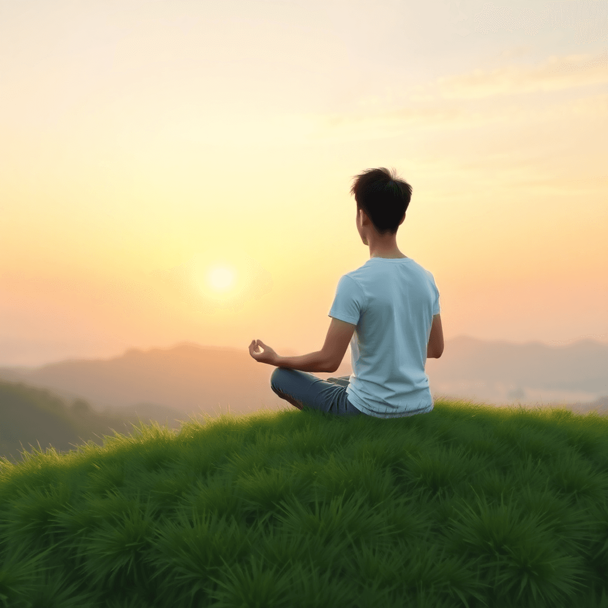 A person practicing mindfulness meditation on a grassy hilltop at sunrise, surrounded by nature, embodying tranquility and present awareness.
