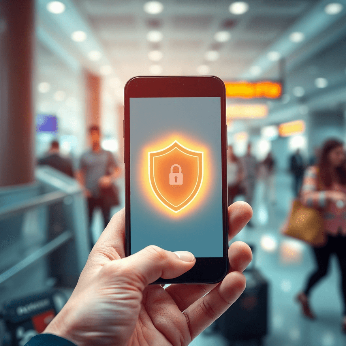 Close-up of a smartphone displaying a glowing shield icon, held by a traveler in a blurred airport with digital network lines symbolizing secure mobile verification.