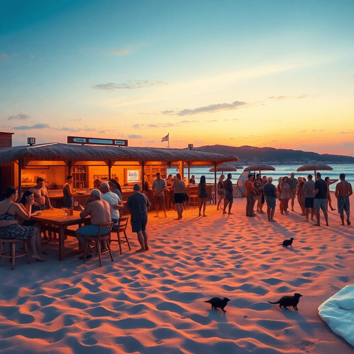 People enjoying music and volleyball at a lively beach bar during sunset, with sandy shores, gentle waves, and subtle shadows of small wildlife nearby.