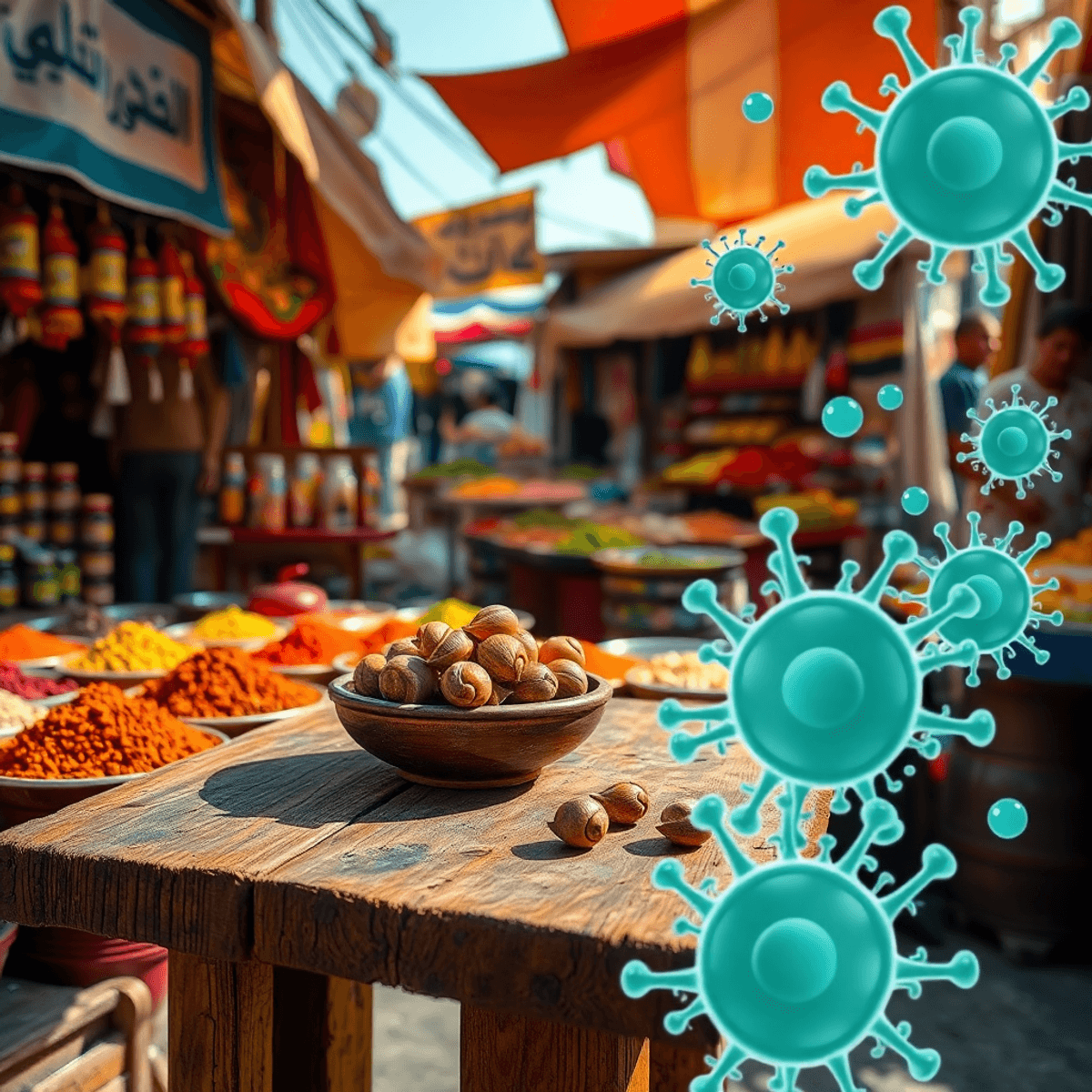 hell Shocked: How a Tiny Snail Can Ruin Your Vacation Bod (and Mood) Colorful Egyptian street food market with fresh foods, spices, and a rustic table holding a bowl of snails, highlighted by water droplets and abstract germs symbolizing hygiene risks.