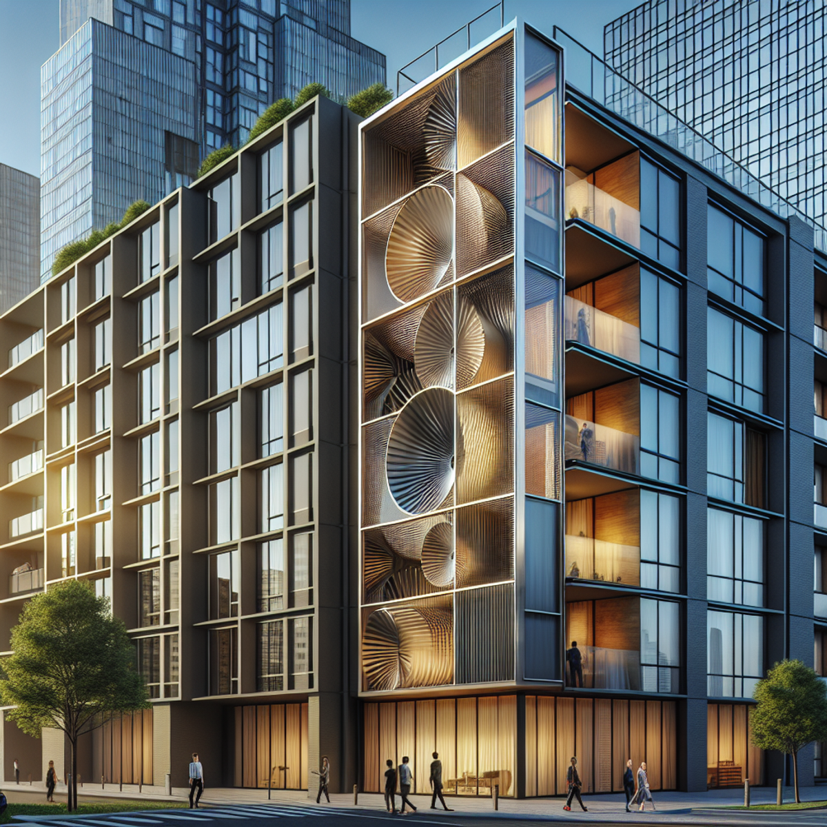 A modern apartment building with a prominent ventilation shaft.
