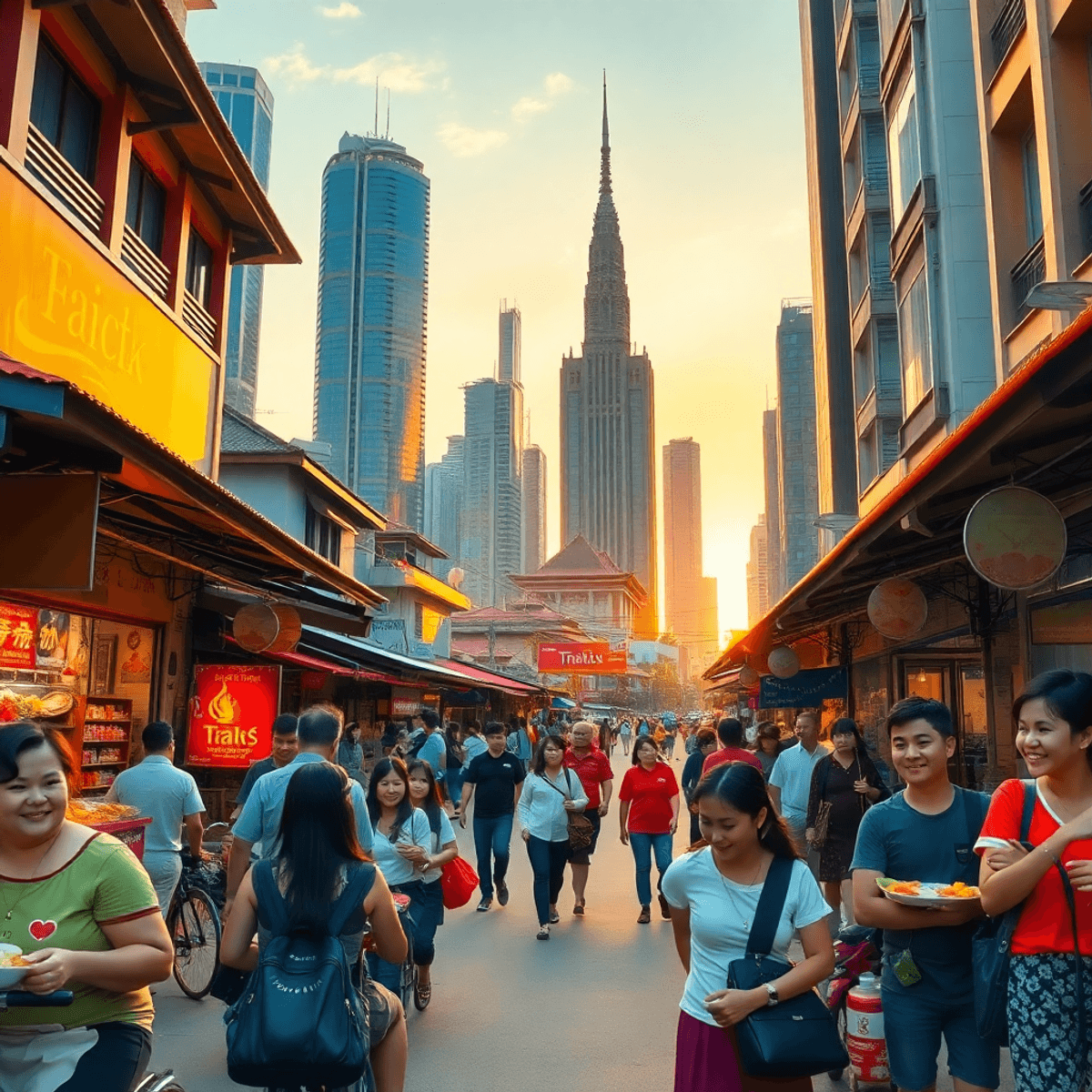 Bangkok Inflation, I was scam in Thailand, Digi Nomad Story Sunset street in Bangkok with modern skyscrapers, traditional Thai buildings, bustling markets, and people enjoying local food and culture.