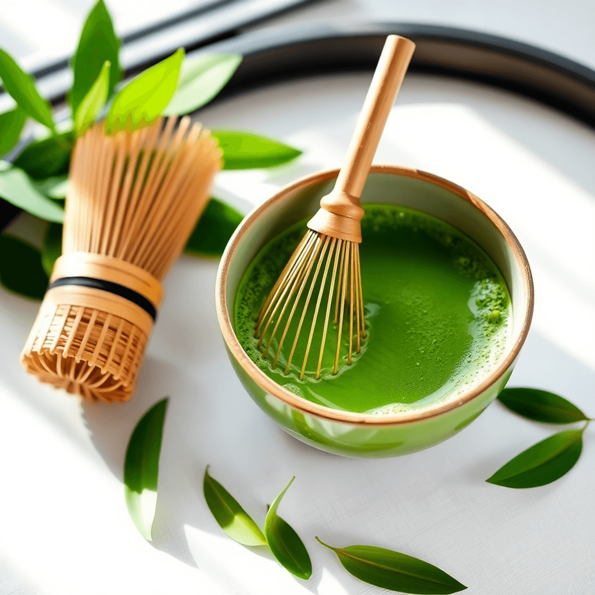 A serene tea setup with a bamboo whisk, vibrant green matcha bowl, fresh tea leaves, and soft natural light creating a calm, ritualistic atmosphere.
