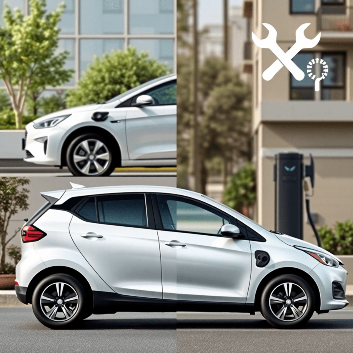 A split image shows an electric vehicle in a lush, eco-friendly setting and a gas-powered car in a traditional urban area, with maintenance tools subtly integrated.